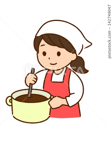Illustration of a woman cooking and stirring a pot (color, PNG) 142749047