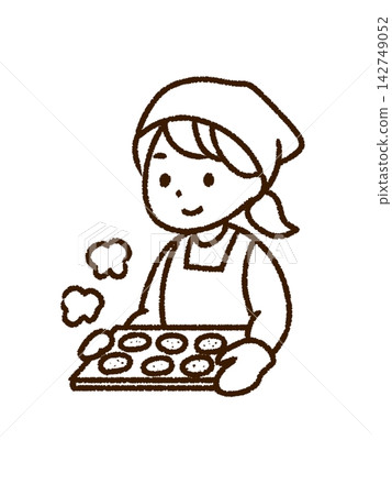一位女士正在烹飪和烘焙餅乾的插圖(線條畫,JPG格式) 一位女士正在烹飪和烘焙餅乾的插圖(線條畫,JPG格式) 142749052