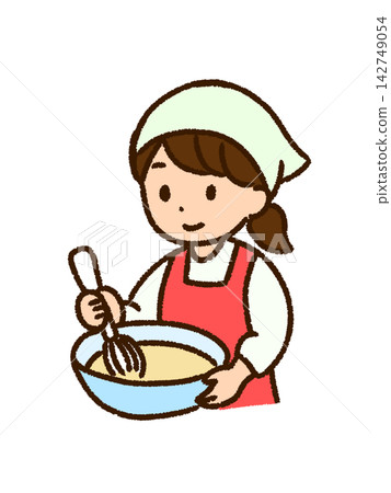 一位女性正在烹飪和混合食材的插圖（彩色，PNG格式） 142749054