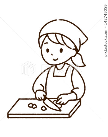 Illustration of a woman cooking and cutting ingredients with a knife (line drawing, PNG) Illustration of a woman cooking and cutting ingredients with a knife (line drawing, PNG) 142749059