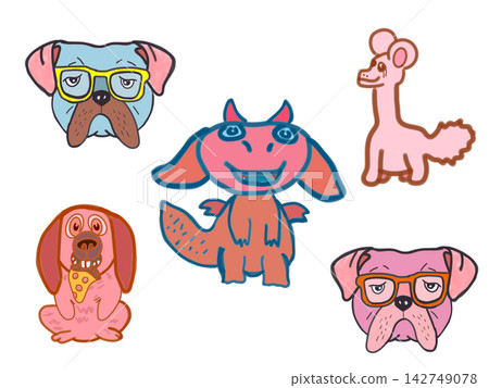 Cute hand-drawn sticker collection set featuring hipster bulldogs, poodles, pizza-eating dog 142749078