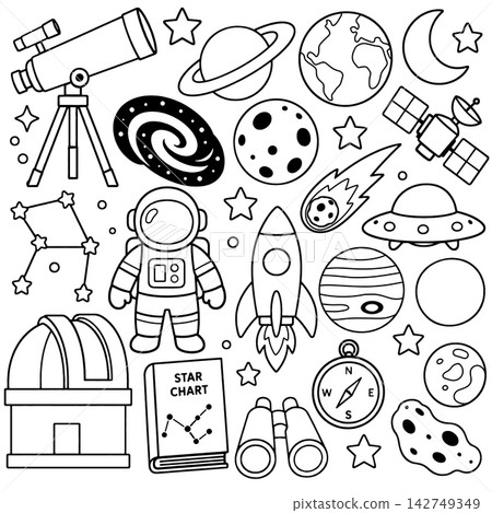 Cute space doodle set featuring astronaut rocket planet telescope star satellite observatory book binocular compass meteor graphic element showing cheerful wonder science adventure Cute space doodle set featuring astronaut rocket planet telescope star satellite observatory book binocular compass meteor graphic element showing cheerful wonder science adventure 142749349