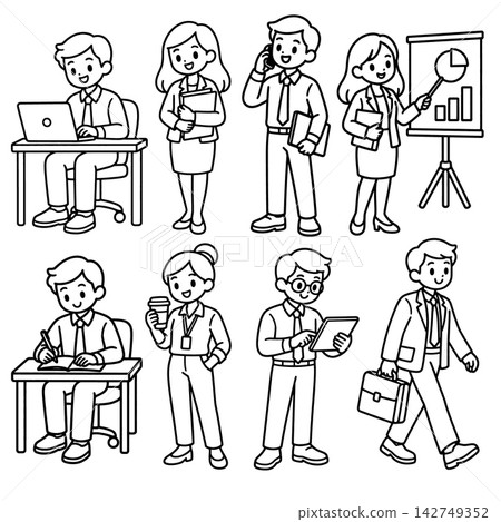 Happy business character line illustration set showing professional man and woman worker working, presenting, walking, talking, writing, and holding laptop with positive happy expression Happy business character line illustration set showing professional man and woman worker working, presenting, walking, talking, writing, and holding laptop with positive happy expression 142749352