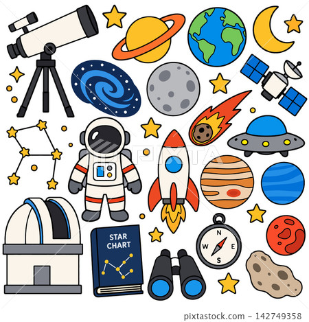 Space exploration elements set showing happy astronaut rocket planet telescope galaxy observatory satellite asteroid star moon compass binocular for wonder learning artwork Space exploration elements set showing happy astronaut rocket planet telescope galaxy observatory satellite asteroid star moon compass binocular for wonder learning artwork 142749358