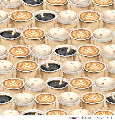 Watercolor seamless border of cappuccino with cinnamon, espresso, Americano, and latte. The hand-drawn brown background is inspired by coffee. Suitable for design, coffee shop, menus, packaging 142749541