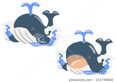 一套陶瓷風格的鯨魚擺飾插圖,描繪了鯨魚乘風破浪的場景(嘴巴閉合和張開)。 一套陶瓷風格的鯨魚擺飾插圖,描繪了鯨魚乘風破浪的場景(嘴巴閉合和張開)。 142749660