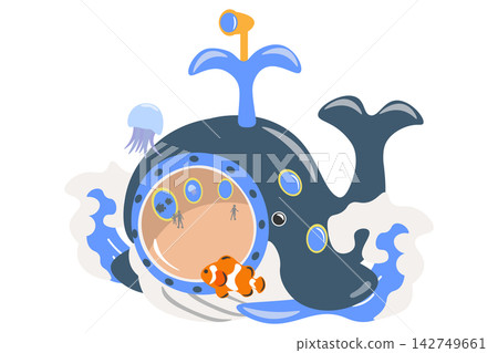 一幅從鯨魚形狀的潛水艇中觀察大海的插圖。 一幅從鯨魚形狀的潛水艇中觀察大海的插圖。 142749661