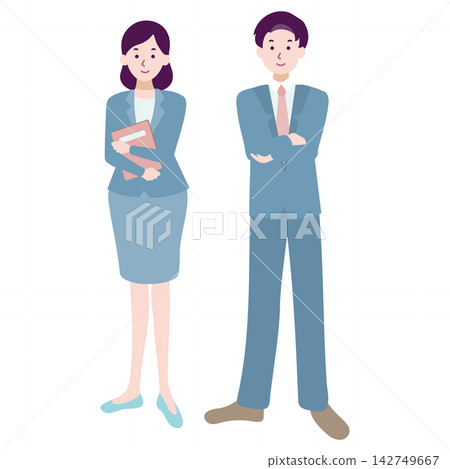 一幅全身插圖,描繪了一位手持文件的女性和一位雙臂交叉的男性辦公室職員。 一幅全身插圖,描繪了一位手持文件的女性和一位雙臂交叉的男性辦公室職員。 142749667