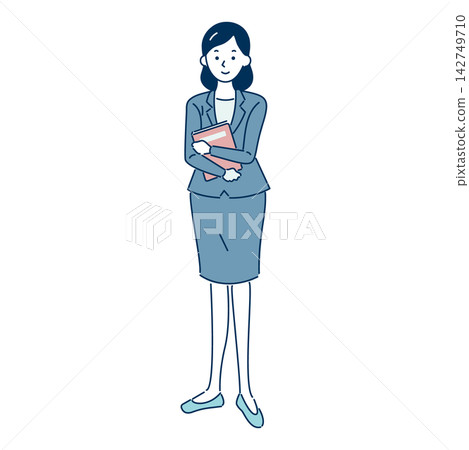 一位女上班族手持文件站立的全身插圖。 一位女上班族手持文件站立的全身插圖。 142749710