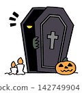 An illustration of a slightly open Halloween coffin and pumpkins. 142749904