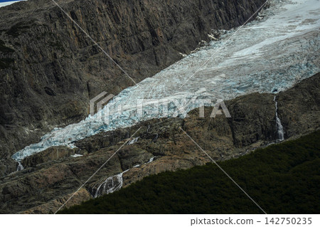 Lago del Desierto Desert Lake Hanging Glacier with Meltwater Waterfalls in PatagoniaEl Chalten Lago del Desierto Desert Lake Hanging Glacier with Meltwater Waterfalls in PatagoniaEl Chalten 142750235