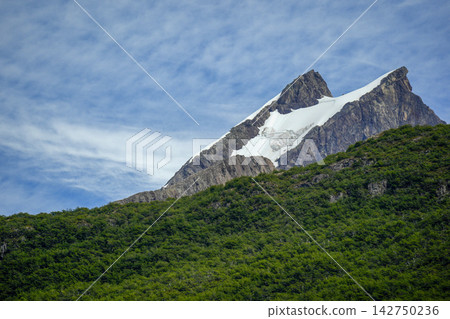 Lago del Desierto Desert Lake Snow-Capped Rocky Peak Above Forest in Patagonia El Chalten Lago del Desierto Desert Lake Snow-Capped Rocky Peak Above Forest in Patagonia El Chalten 142750236