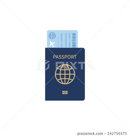 An illustration of a blue passport with an airline ticket tucked inside. An illustration of a blue passport with an airline ticket tucked inside. 142750375