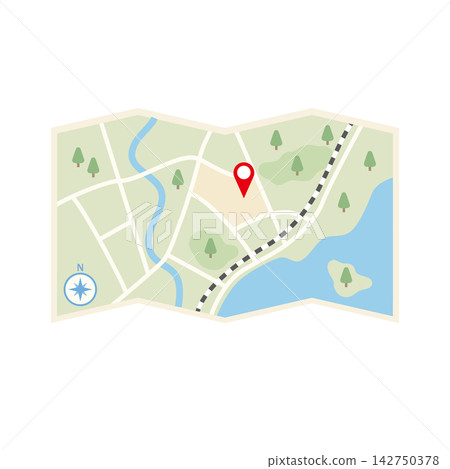 帶有圖釘的折疊地圖示意圖。 142750378