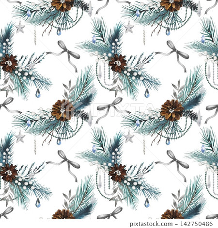 Hand drawn seamless pattern with fir branches, cones, silver bows, beads. Watercolor illustration. Hand drawn seamless pattern with fir branches, cones, silver bows, beads. Watercolor illustration. 142750486