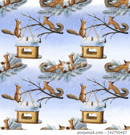 Hand drawn seamless winter pattern with squirrels and feeders. Watercolor illustration. Hand drawn seamless winter pattern with squirrels and feeders. Watercolor illustration. 142750487