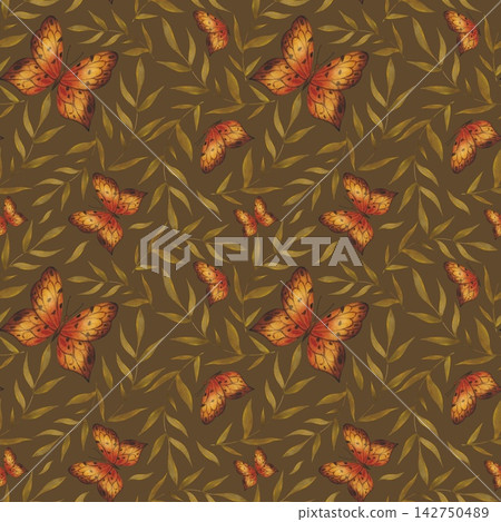 Seamless floral pattern with orange leaves and butterflies. Hand drawn watercolor illustration. Seamless floral pattern with orange leaves and butterflies. Hand drawn watercolor illustration. 142750489