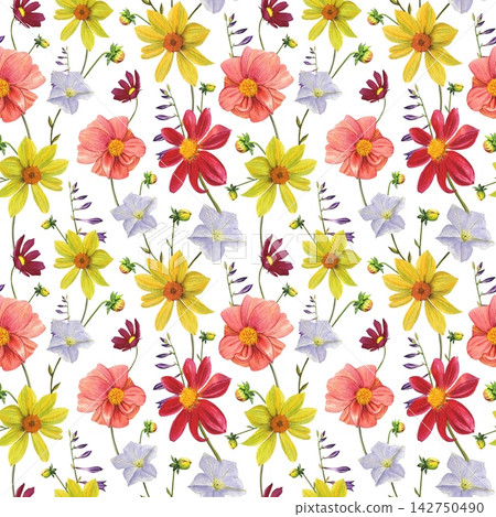 Seamless floral pattern with vibrant red, yellow dahlias. Watercolor Seamless floral pattern with vibrant red, yellow dahlias. Watercolor 142750490