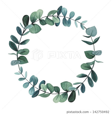 Hand drawn eucalyptus wreath. Watercolor illustration. Hand drawn eucalyptus wreath. Watercolor illustration. 142750492