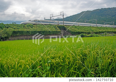 The Tokaido Shinkansen N700S runs through the countryside at the foot of Mt. Ibuki The Tokaido Shinkansen N700S runs through the countryside at the foot of Mt. Ibuki 142750710