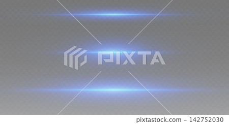 Blue glowing horizontal light lines creating an optical lens flare effect on transparent background Blue glowing horizontal light lines creating an optical lens flare effect on transparent background 142752030
