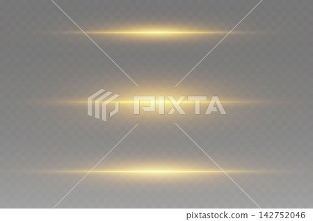 Three bright horizontal golden light streaks creating luminous abstract lens flare effect 142752046