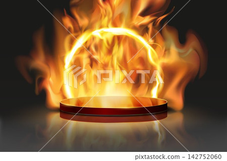 Fiery podium creating intense heat and light on a reflective dark surface Fiery podium creating intense heat and light on a reflective dark surface 142752060