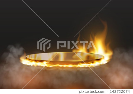 Golden circular podium platform surrounded by intense flames and smoke on a dark background 142752074
