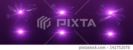 Glass fragments exploding from a bright purple light source creating an abstract background Glass fragments exploding from a bright purple light source creating an abstract background 142752078
