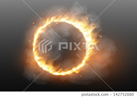 Fiery circle glowing with flames, smoke, and burning embers Fiery circle glowing with flames, smoke, and burning embers 142752080