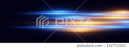Abstract light streaks flowing horizontally in blue and yellow colors on a dark background Abstract light streaks flowing horizontally in blue and yellow colors on a dark background 142752081