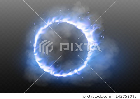 Energy ring forming a sci fi portal with vibrant blue smoke and light particles 142752083