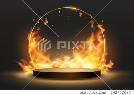 Empty round podium surrounded by fire and a glowing golden circle, perfect for product presentation 142752085
