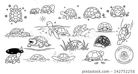 一組手繪線條藝術插圖,描繪了海龜(行走、游泳、潛水和探出頭來)。 一組手繪線條藝術插圖,描繪了海龜(行走、游泳、潛水和探出頭來)。 142752258