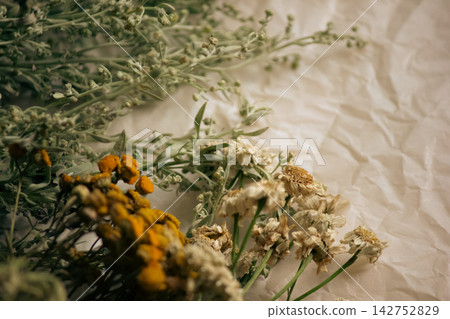Bunch of dried tansy, chamomile, and wormwood herbs on crumpled paper background Bunch of dried tansy, chamomile, and wormwood herbs on crumpled paper background 142752829