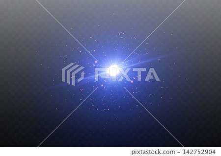Glowing blue light source projecting rays and numerous small particles on a dark, transparent background Glowing blue light source projecting rays and numerous small particles on a dark, transparent background 142752904