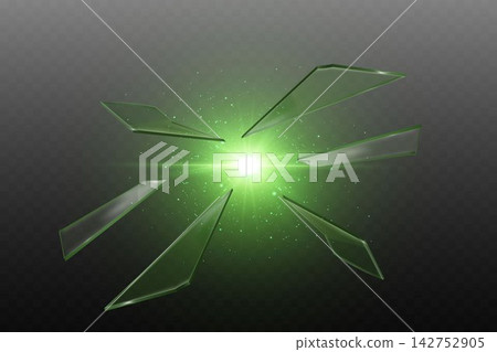 Broken glass fragments scattering around a bright green light burst on a transparent background Broken glass fragments scattering around a bright green light burst on a transparent background 142752905