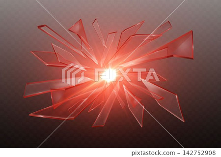 Red glass shards exploding outwards from a bright central light creating an abstract effect Red glass shards exploding outwards from a bright central light creating an abstract effect 142752908