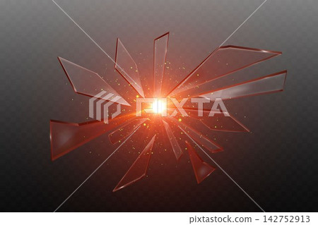 Transparent glass fragments bursting outwards from a glowing orange light effect with sparks Transparent glass fragments bursting outwards from a glowing orange light effect with sparks 142752913