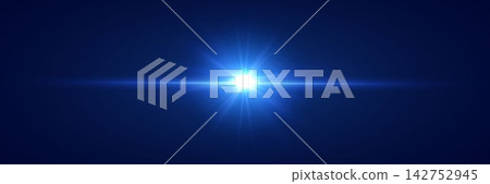 Bright blue light emitting horizontal lens flare and starburst rays on dark background 142752945
