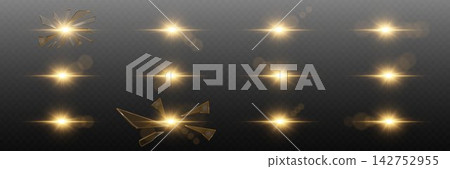 Set of golden light effects creating bright flares and broken glass reflections on transparent background Set of golden light effects creating bright flares and broken glass reflections on transparent background 142752955