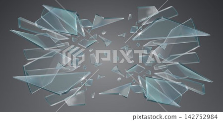 Transparent glass fragments shattering and dispersing, creating a dynamic background effect 142752984