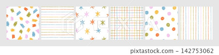 Crayon texture. Pencil seamless pattern. Color pastel stripe, dots, messy shape, cross stroke, stars. Hand drawn chalk background. Funky kid brush print. Vector set Crayon texture. Pencil seamless pattern. Color pastel stripe, dots, messy shape, cross stroke, stars. Hand drawn chalk background. Funky kid brush print. Vector set 142753062