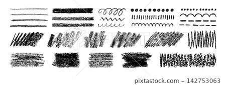 Crayon texture. Charcoal abstract figures. Black pencil brush, pastel stroke, scribbles, dots, messy pencil squiggles, paint lines. Graphite crosshatch effect. Vector set Crayon texture. Charcoal abstract figures. Black pencil brush, pastel stroke, scribbles, dots, messy pencil squiggles, paint lines. Graphite crosshatch effect. Vector set 142753063