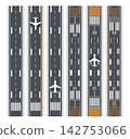 Airplane runway. Airport road. Aircraft road line, take off and land planes top view. Aviation plane aerial strip for with aerodrome. Airline flight transport. Vector concept 142753066