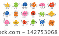 Funny abstract character. Emotion shape mascot. Cartoon comic children figure with face and emoji. Funky childish cloud, star, flower. Doodle kid elements. Vector set 142753068