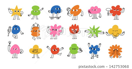 Funny abstract character. Emotion shape mascot. Cartoon comic children figure with face and emoji. Funky childish cloud, star, flower. Doodle kid elements. Vector set Funny abstract character. Emotion shape mascot. Cartoon comic children figure with face and emoji. Funky childish cloud, star, flower. Doodle kid elements. Vector set 142753068