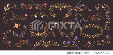 Art Nouveau floral frames. Decorative flower borders. Vintage classic ornament botanical frame, wreath, corner, divider with branches, leaves, flowers. Vector set 142753070