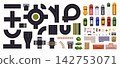 City roads top view. Traffic with cars on road. Street transport, road signs, highway, cars viewed from above. Constructor for map, racing game, navigation. Cityscape vector collection 142753071