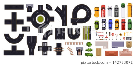 City roads top view. Traffic with cars on road. Street transport, road signs, highway, cars viewed from above. Constructor for map, racing game, navigation. Cityscape vector collection City roads top view. Traffic with cars on road. Street transport, road signs, highway, cars viewed from above. Constructor for map, racing game, navigation. Cityscape vector collection 142753071